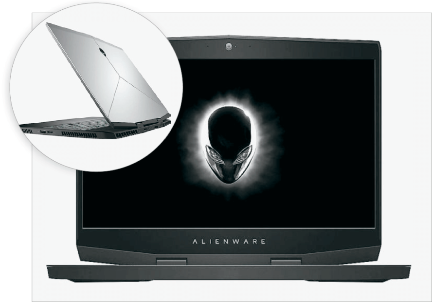 Ein Alienware-Notebook von der Seite und von vorne vor einem neutralen Hintergrund fotografiert.