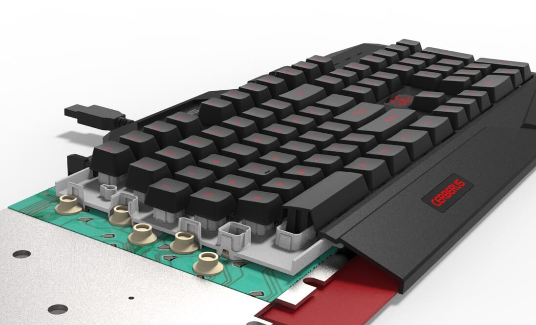 Gaming-Tastatur: Querschnitt einer Tastatur mit Gummidom-Schaltern