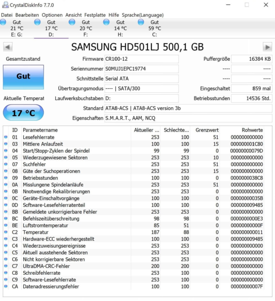 Festplatte: Crystaldiskinfo zeigt verschiedene Werte zur verbauten HDD
