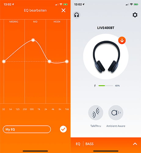 Kopfhörer: Screenshot aus der App zur Einstellung des Sound bei JBL-Kopfhörern