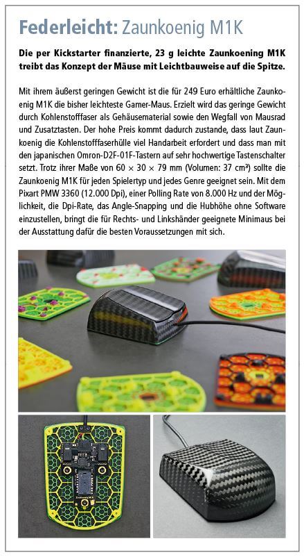 Ein Bild mit Text, welches die federleichte Gaming-Maus Zaunkoenig M1K vorstellt.