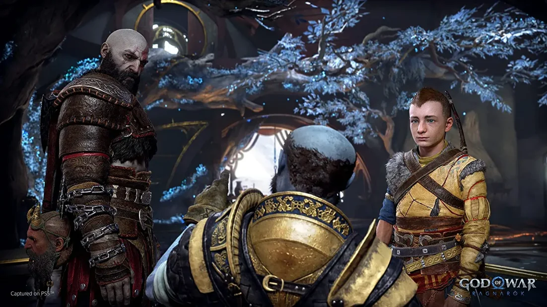 Screenshot aus God of War, auf dem man Kratos und seinen Sohn sieht.
