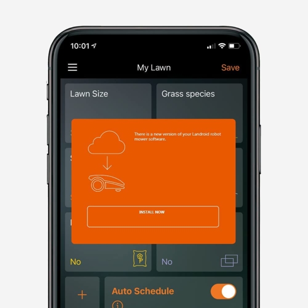 Ein Handy, das eine App zeigt, mit der man den Mähroboter steuern kann.