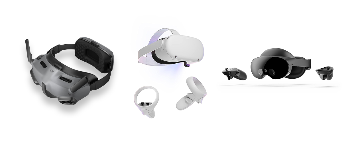 Drei verschiedene VR-Headsets vor weißem Hintergrund.