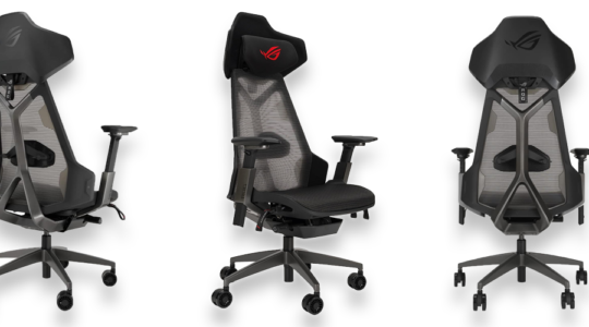 Der Gaming-Stuhl Asus ROG Destrier Ergo aus verschiedenen Perspektiven vor weißem Hintergrund.