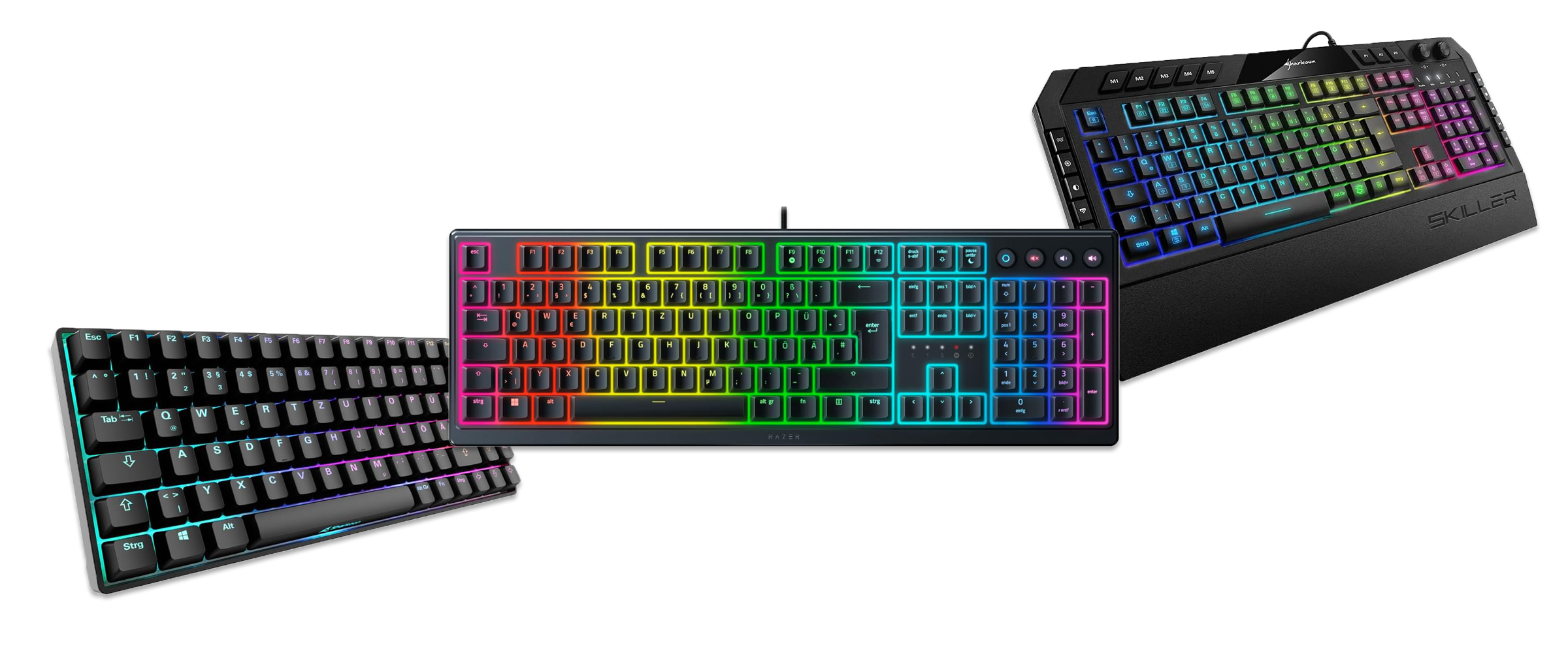 Die drei Gaming-Tastaturen Sharkoon Skiller SGK50 S3 in Schwarz, Razer Ornata Chroma V3 und Sharkoon Skiller SGK5 mit bunter Beleuchtung in Form des Regenbogenwelleneffekts vor weißem Hintergrund.