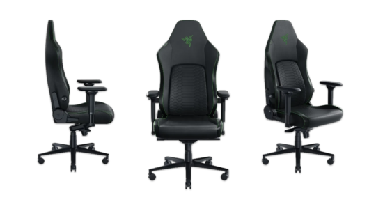Der Razer Iskur V2 Gaming-Stuhl auf weißem Hintergrund mit drei verschiedenen Perspektiven.
