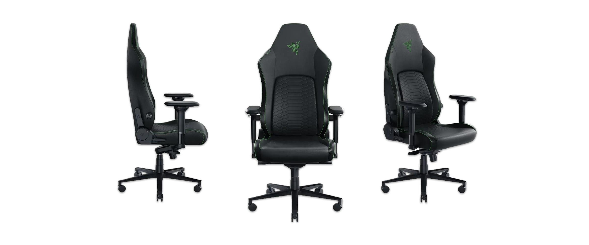 Der Razer Iskur V2 Gaming-Stuhl auf weißem Hintergrund mit drei verschiedenen Perspektiven.
