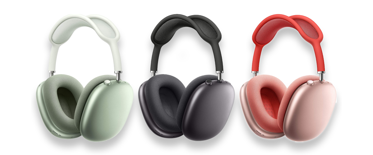 Die Over-Ear-Kopfhörer Apple Airpod Max in den Farben Lindgrün, Schwarz und Rosé vor weißem Hintergrund.