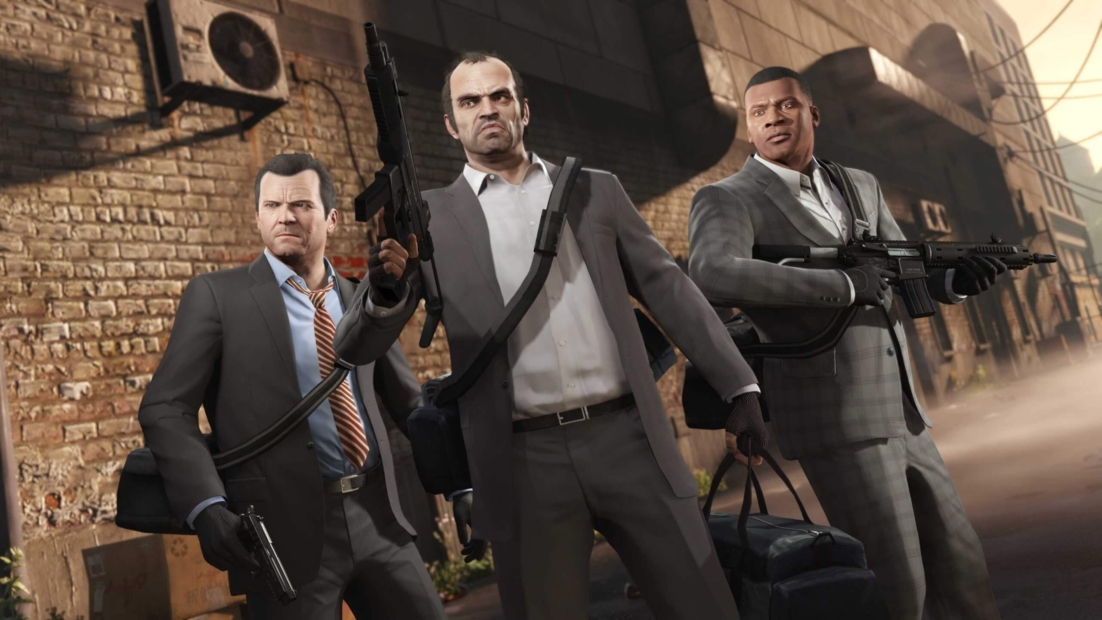 Screenshot aus Grand Theft Auto 5 mit drei Mafia-Gangstern