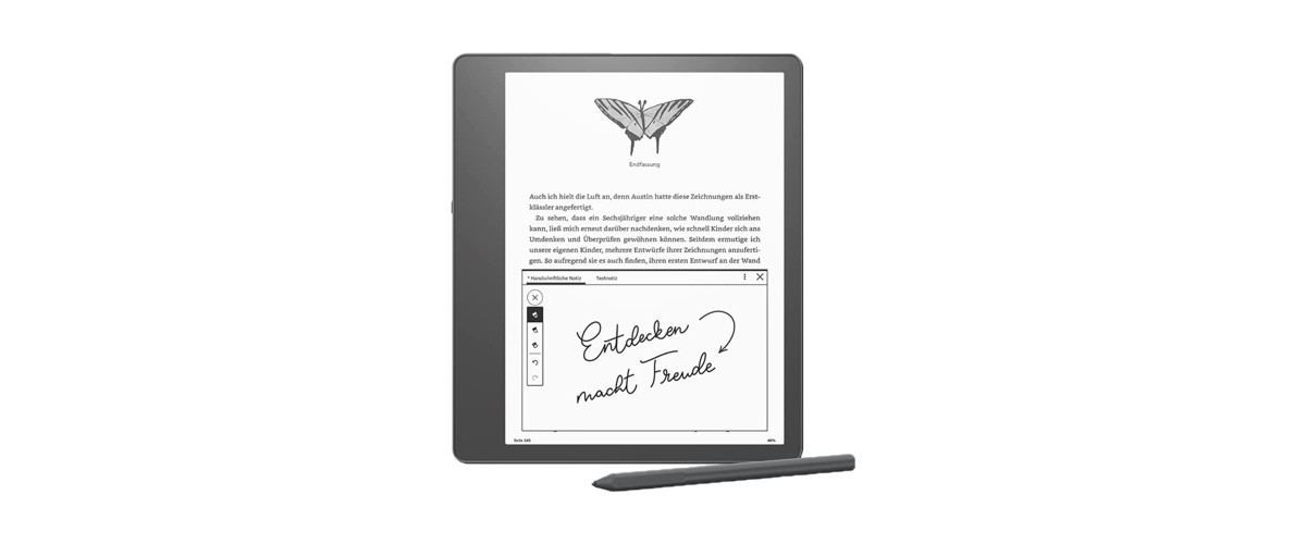 Der E-Book-Reader und E-Notizbuch Kindle Scribe vor weißem Hintergrund