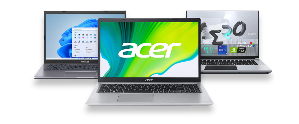 Drei moderne, schlanke Laptops vor weißem Hintergrund.