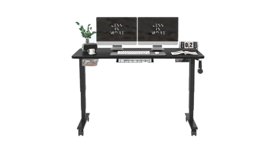 Der höhenverstellbare Schreibtisch S2 Pro Plus von Maidesite in schwarz vor weißem Hintergrund. Auf dem Tisch sind zudem 2 Monitore sowie Maus, Tastatur und eine Pflanze zu sehen.