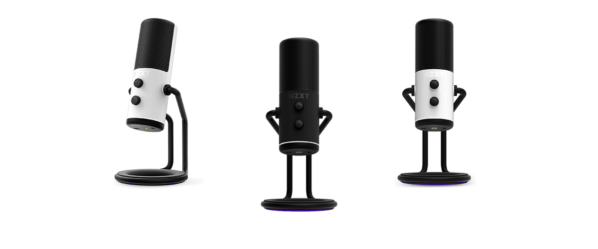 Das Streaming-Mikrofon NZXT Capsule in Weiß und Schwarz, von vorne und von der Seite. Von vorne sieht es übrigens ein bisschen aus, wie ein Männchen, das erbost die Arme in die Hüften stemmt.