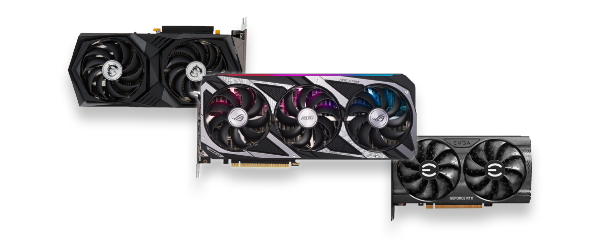 Drei Grafikkarten mit Nvidia Geforce RTX 3050-GPU als Custom-Designs verschiedener Hersteller.
