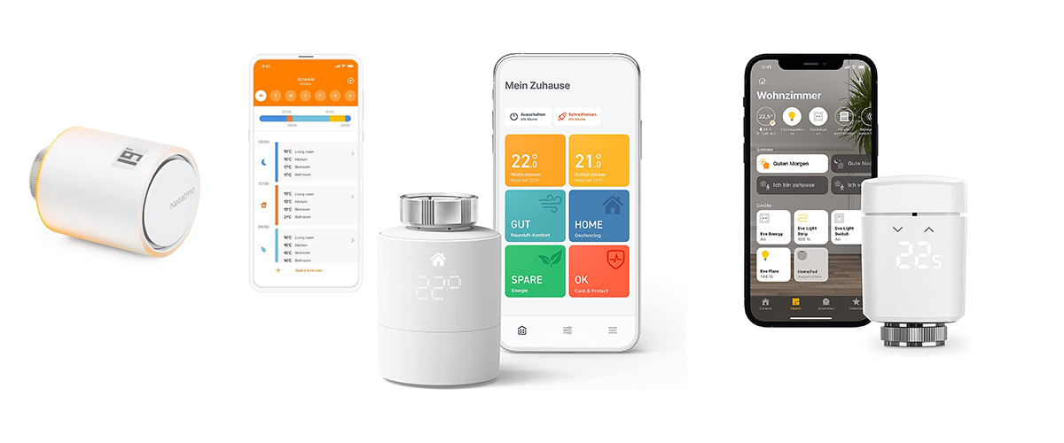Drei verschiedene smarte Heizkörperthermostate jeweils abgebildet neben einem Smartphone, das die passende App zeigt.