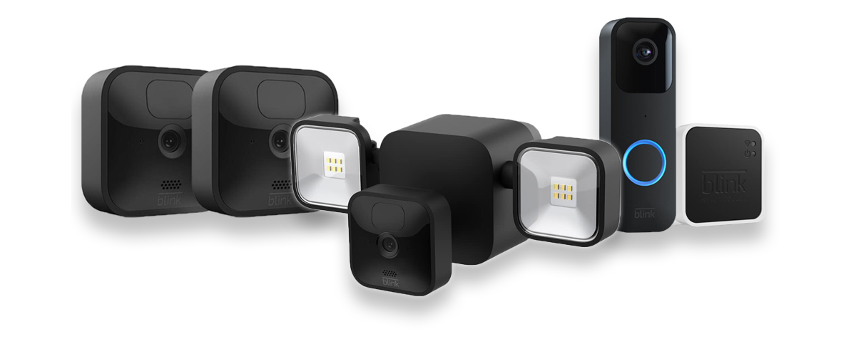 Verschiedene Überwachungsprodukte der Marke Blink vor weißem Hintergrund. Zu sehen sind kleine Kameras in verschiedenen Formaten.