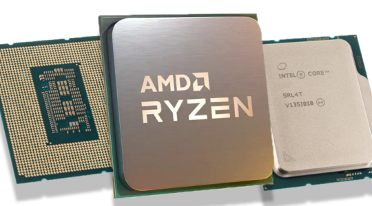 Drei Prozessoren vor weißem Hintergrund. In der Mitte der Fokus auf eine AMD-CPU.