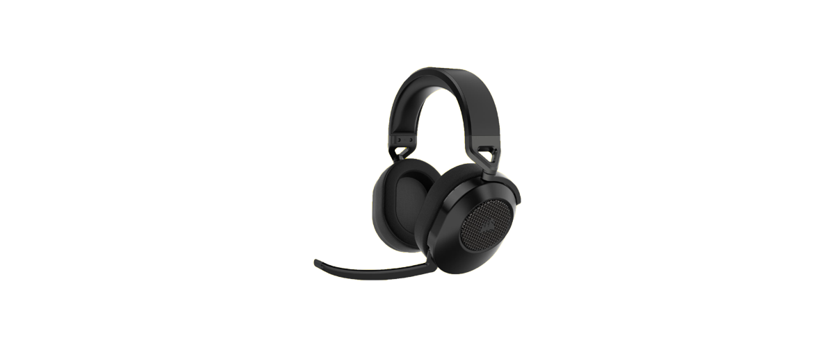 Das Gaming-Headsets Corsair HS65 wireless vor weißem Hintergrund. Das Headset ist schlicht und elegant, in Schwarz gehalten.