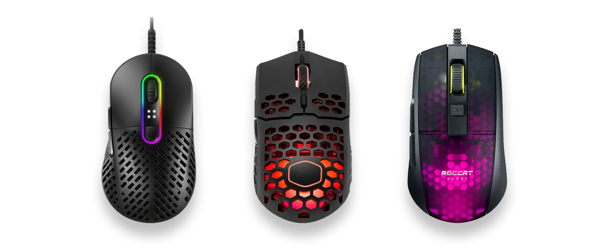 Drei Gaming-Mäuse aus der Rubrik "leichte Gaming-Maus" vor weißem Hintergrund.