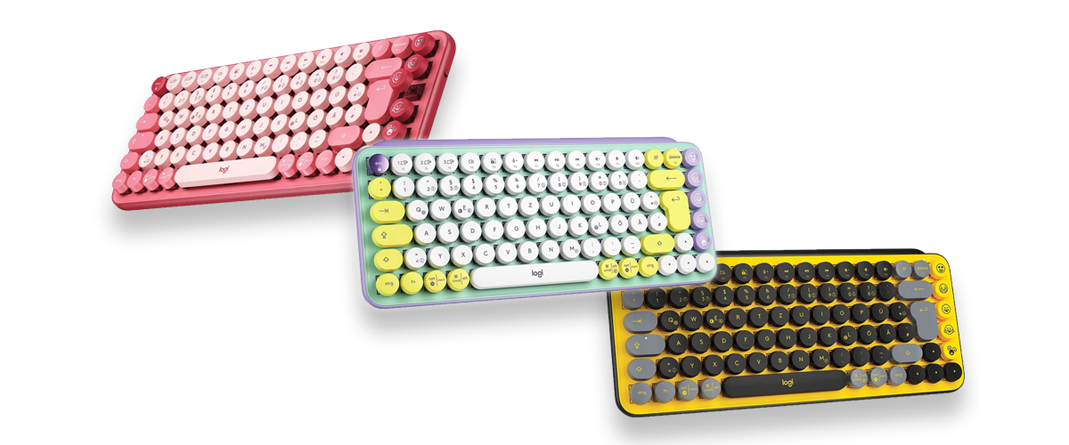 Die farbenfrohe Bluetooth-Tastatur Logitech POP Keys in drei Farbvariationen vor weißem Hintergrund.