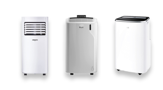 Drei mobile Klimaanlagen verschiedener Hersteller vor weißem Hintergrund. Zu sehen ist das Kühlgerät selbst, der für eine echte Klimaanlage nötige Abluftschlauch ist nicht abgebildet.