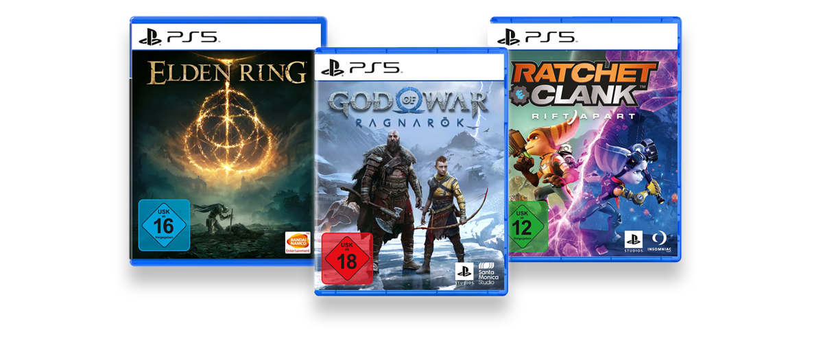 Die Verpackungen der PS5-Spiele Gof of War, Elden Ring und Ratchet & Clank vor weißem Hintergrund