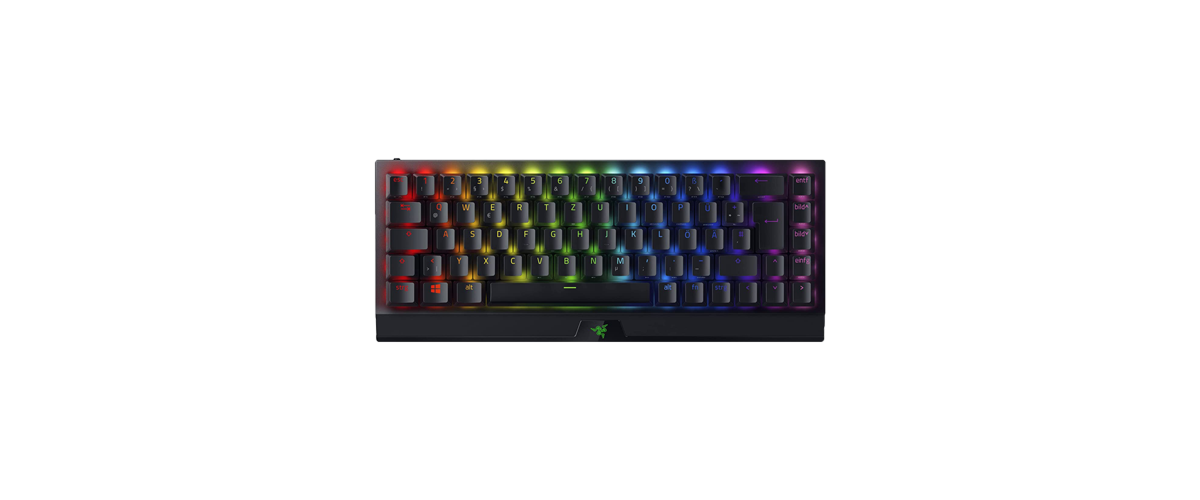 Die kleine aber starke Gaming-Tastatur Black Widow V3 Mini Hyperspeed von Razer vor weißem Hintergrund