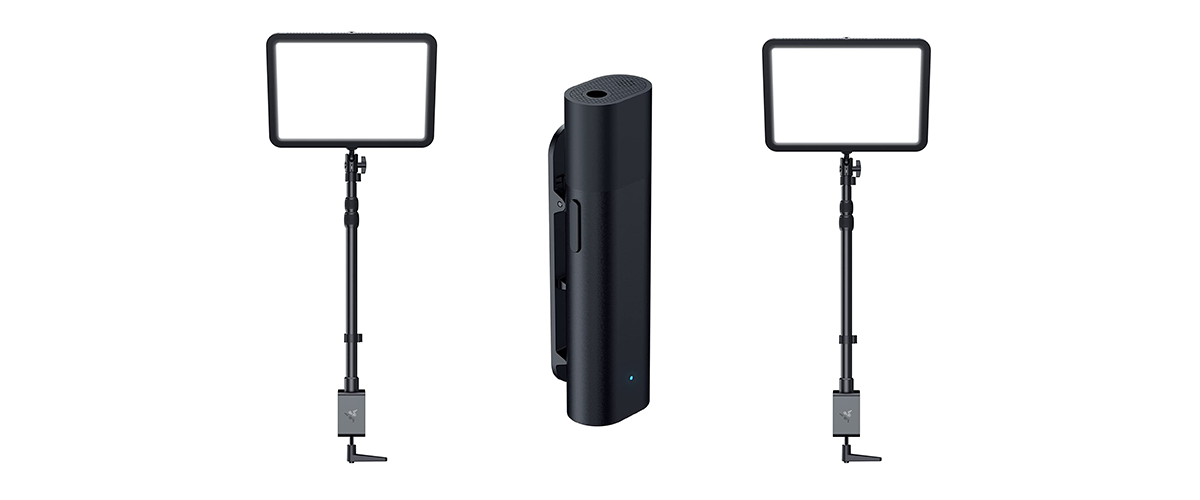 Das Mobile-Streaming-Mikrofon Razer Seiren BT sowie das Leuchtpanel Razer Keylight Chroma vor weißem Hintergrund.