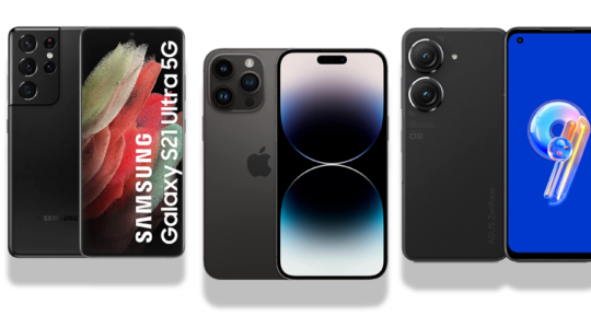 Drei Smartphones von Samsung, Apple und Asus vor weißem Hintergrund.