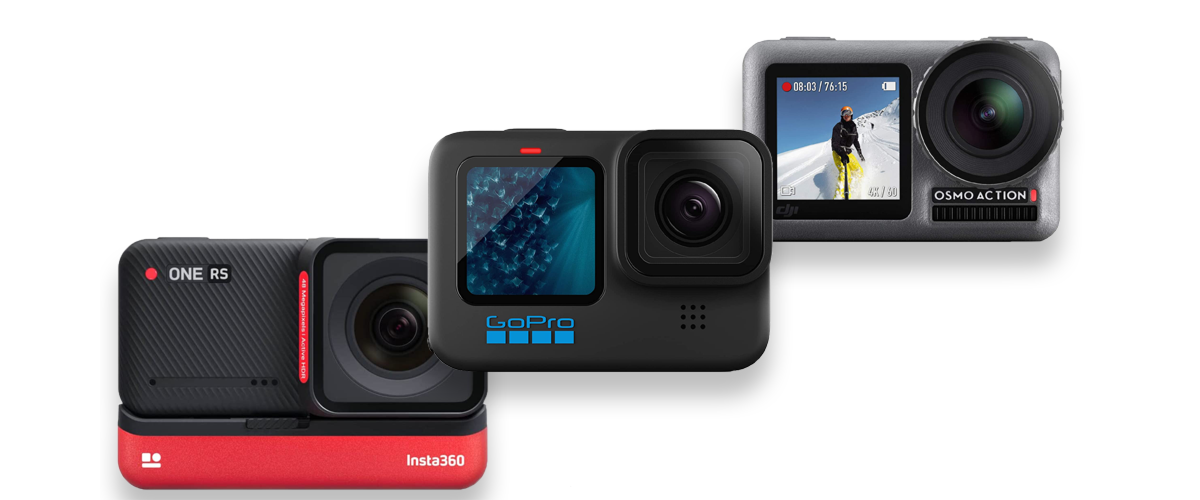 Drei Action-Kameras vor weißem HIntergrund. Abgebildet sind die GoPro Hero 11 Black sowie zwei Modelle von DJI und Insta360.