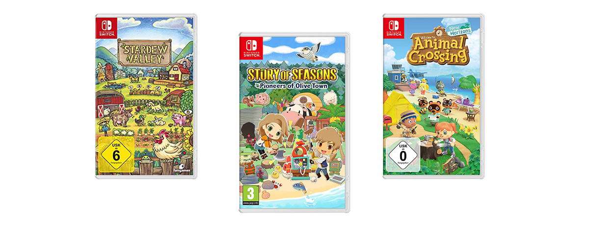 Die Packungen von drei Cozy Games vor weißem Hintergrund. Zu sehen sind Stroy of Seasons, Animal Crossing und Stardew Valley - drei sehr gemütliche und schöne Spiele für entspannendes Gaming.