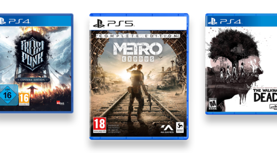 Die Spielepackungen von drei Endzeitspielen vor weißem Hintergrund. zu sehen sind Metro Exodus, Frostpunk und The Walking Dead: Telltale