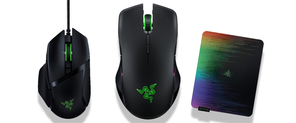 2 Gaming-Mäuse und ein Mauspad mit Regenbogenfarben von der Marke Razer vor weißem Hintergrund