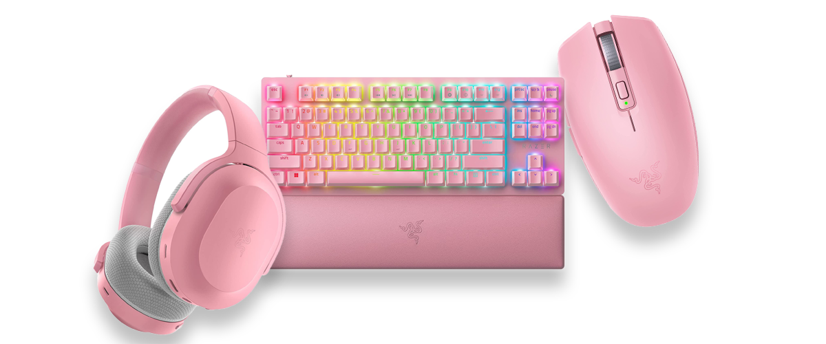Drei Produkte der Razer Quartz Edition vor weißem Hintergrund. Zu sehen sind die pinke Tastatur, ein pinkes Headset sowie eine pinke kabellose Maus.