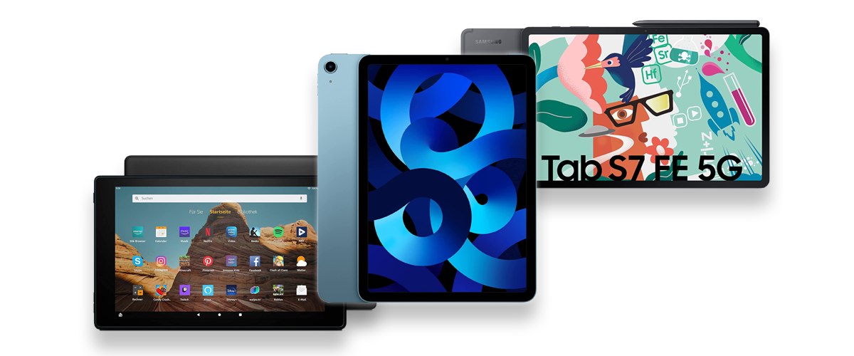 Drei Tablets der Marken Amazon Kindle, Apple und Samsung vor weißem Hintergrund
