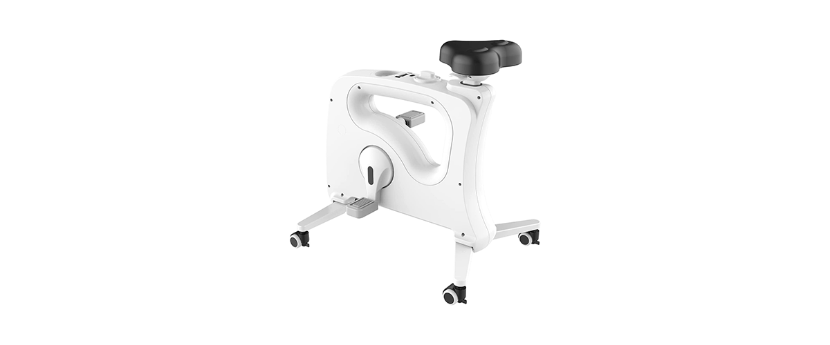 Der Schreibtisch-Heimtrainer Flexispot V9U vor weißem Hintergrund. Das Tischfahrrad ist in der Farbe Weiß gehalten und sieht sehr kompakt und robust aus.