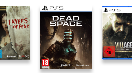 Drei Verpackungen von Horrorspielen vor weißem Hintergrund. Zu sehen sind die Spiele "Layers of Fear", "Dead Space" und "Village - Resident Evil".