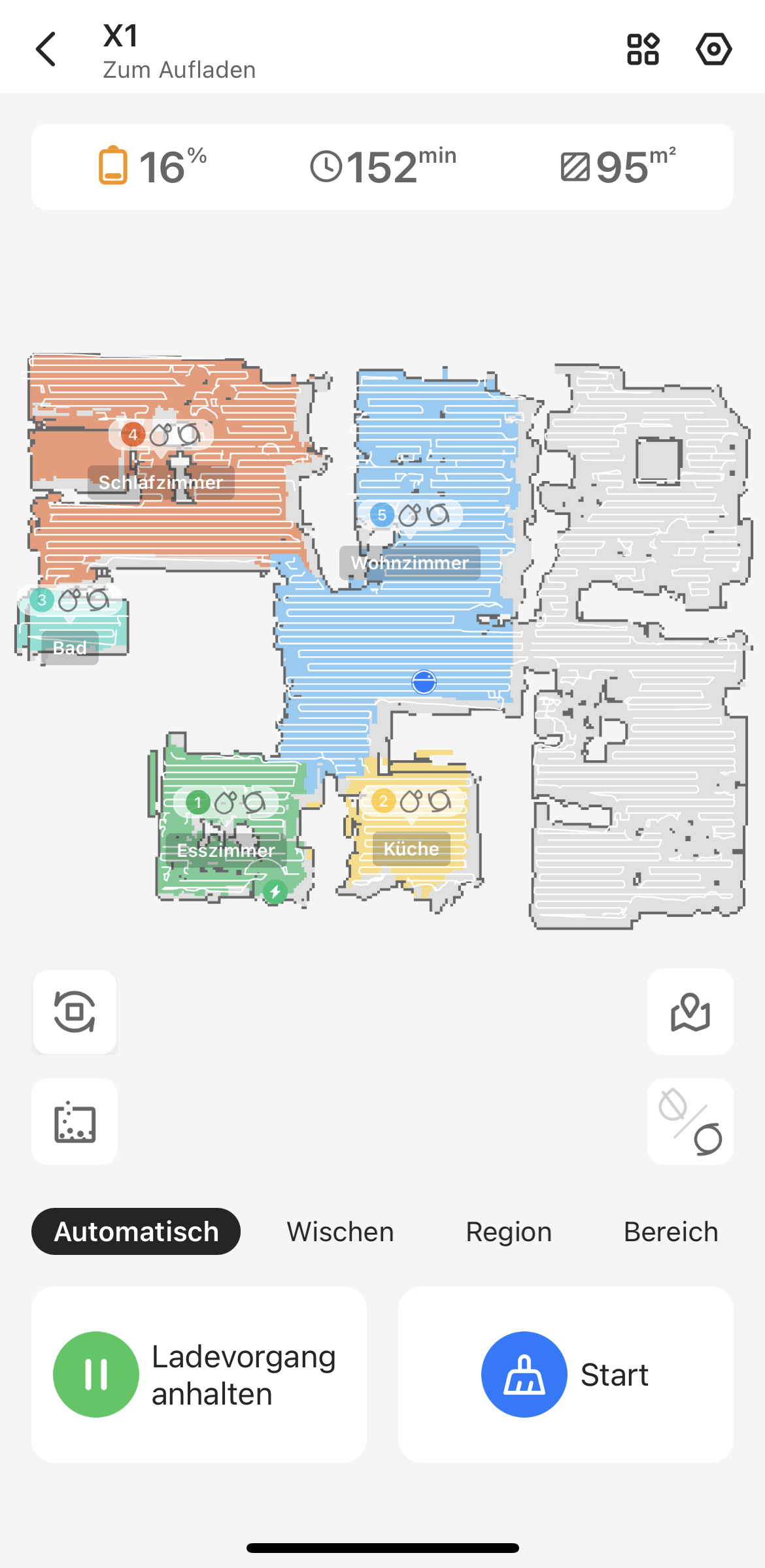 Ein Screenshot aus der Proscenic App zeigt die Karte der Wohnung. DIe Räume sind farblich unterschiedlich markiert.