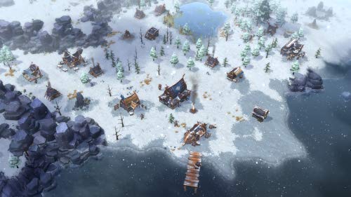 Screenshot aus dem Strategiespiel Northgard. Man sieht aus der Vogelperspektive eine verschneite Landschaft und einige kleine Wikinger-Hütten.