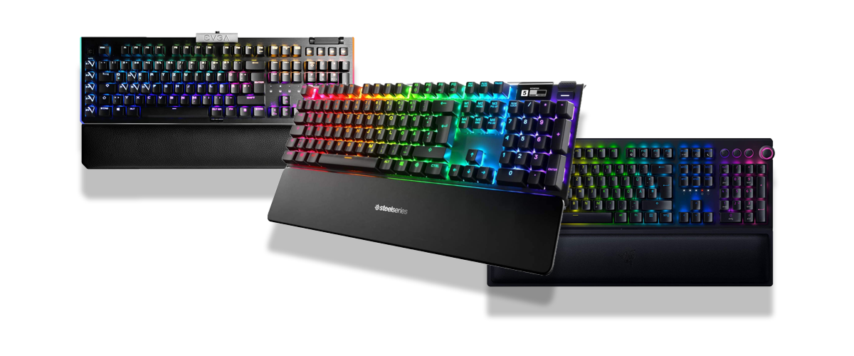 Drei Gaming-Tastaturen mit auffälliger RGB-Beleuchtung vor weißem Hintergrund.