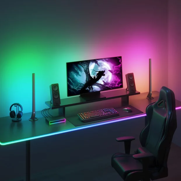 Ein Gaming-Schreibtisch in rosa und grünes Licht gehüllt, das die Farben auf dem Bildschirm spiegelt. Das Licht wird erzeugt von den Govee Neon Rope Lights Desk sowie der Govee AI Gaming Sync Box.