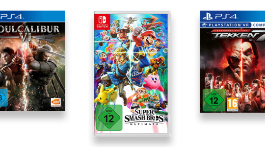 Die Cover von drei Kampfspielen vor weißem Hintergrund. Zu sehen sind Soul Calibur VI, Super Smash Bros. und Tekken 7.