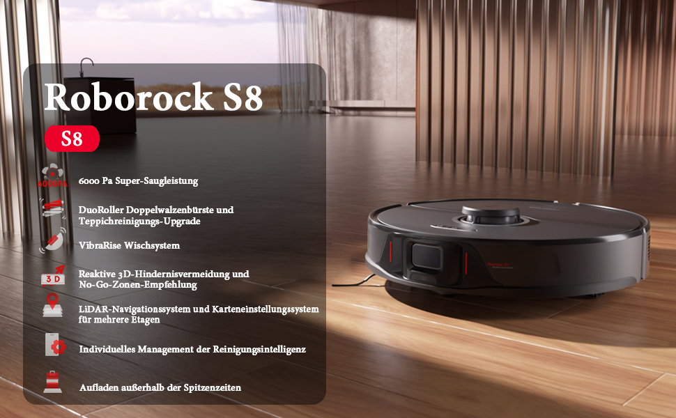 Ein Bild, das den Saugroboter Roborock S8 zeigt sowie aufgelistet einige seiner technischen Rafinessen wie LiDar-Sensor, 3D-Hindernisumfahrung und VirbaRise.