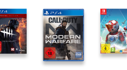Drei Crossplay Games vor weißem Hintergrund. Zu sehen sind Call of Duty: Modern Warfare, No Man's Sky und Dead by Daylight.