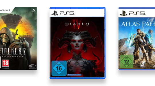 Drei Gaming-Blockbuster vor weißem Hintergrund. Zu sehen sind Stalker 2, Diablo 4 und Atlas Fallen.