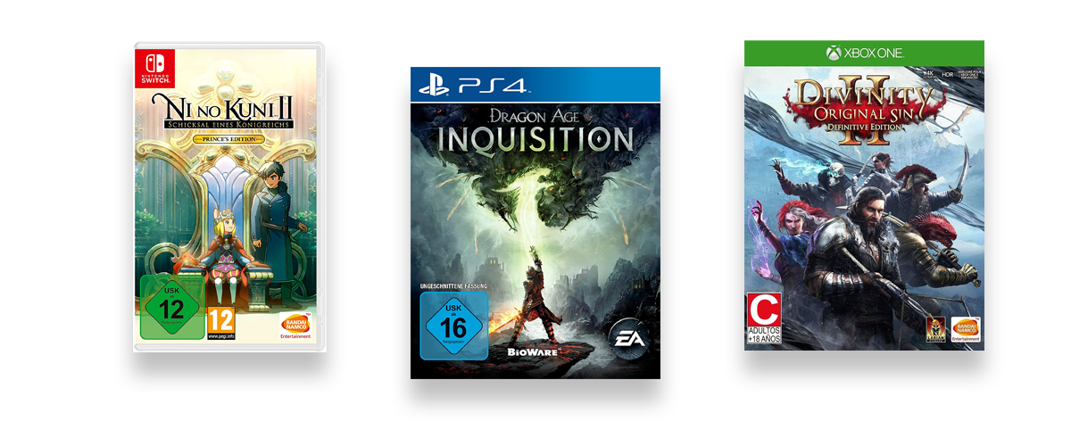 Drei Games-Packungen vor weißem Hintergrund. Zu sehen sind Dragon Age Inquisition, Ni no Kuni 2 und Divinity Original Sin 2.