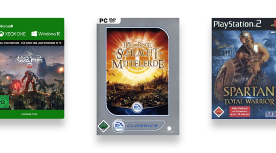 Drei Cover von Gaming-Remakes vor weißem Hintergrund. zu sehen sind Die Schlacht um Mittelerde, Halo Wars 2 und Spartan Total Warrior.