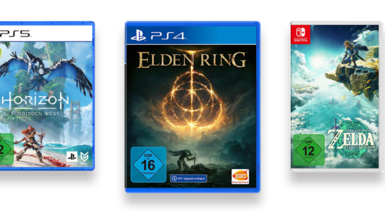 Drei Open World Spiele vor weißem Hintergrund. Zu sehen sind Horizon Forbidden West, Elden Ring und Legend of Zelda: Tears of the Kingdom.