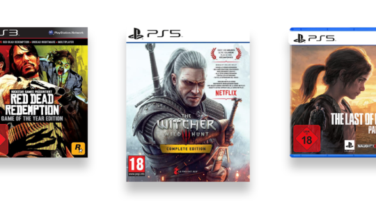 Drei Games, die tolle Spielerweiterungen zu bieten haben, vor weißem Hintergrund. Zu sehen sind The Witcher 3, Red Dead Redemption und The Last of Us Part 1.